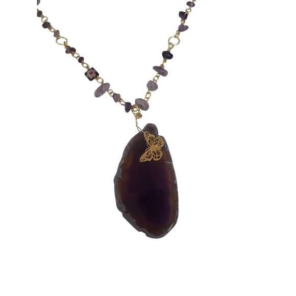 18k Gold Plated Agate Slice Bead Amethyst Chip Butterfly Millefiori Necklace - Picture 7 of 7